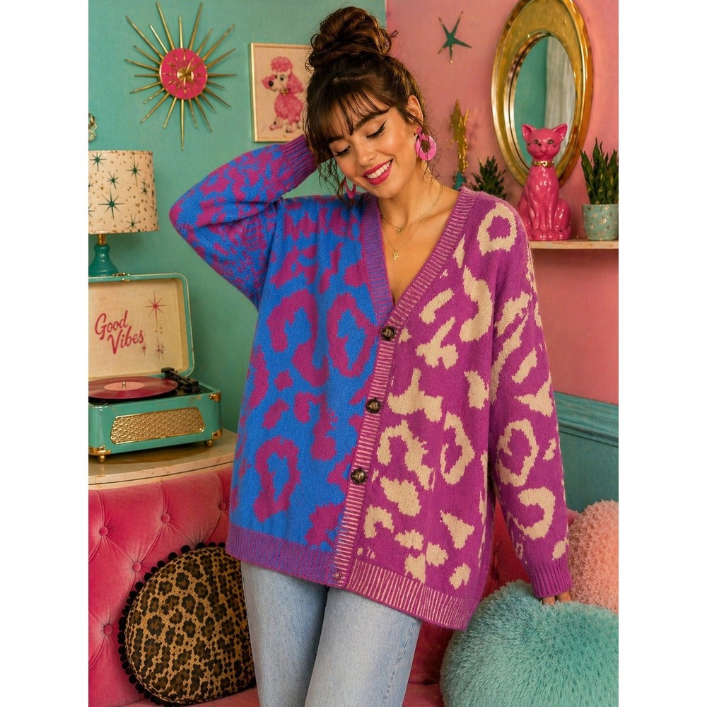 Miss Sparkling Colorblock Leopard Cardigan Womens XL Chunky Knit Button Sweater